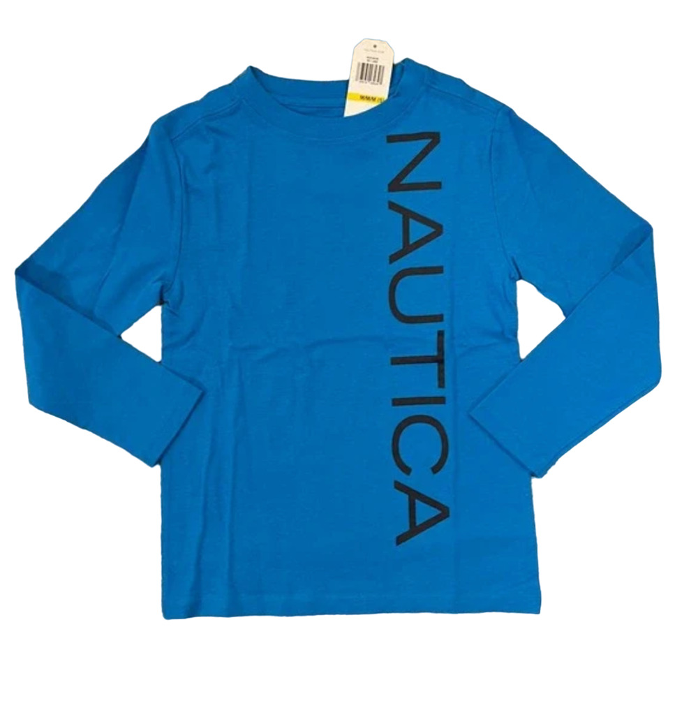 NWT Nautica Boy's Turquoise Blue W/Navy Graphic Long Sleeve T-Shirt